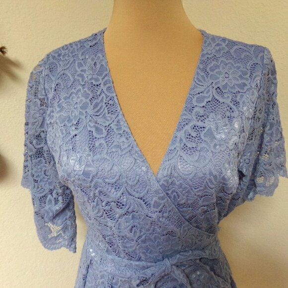 Francesca's Blue Lace Wrap Dress with Flutter Sleeves - Picture 4 of 7